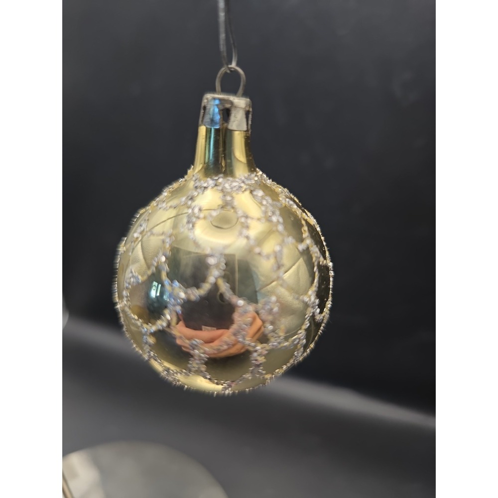 Vintage Hand Painted Blown Glass Christmas Ornament Gold With Scalloped Glitter